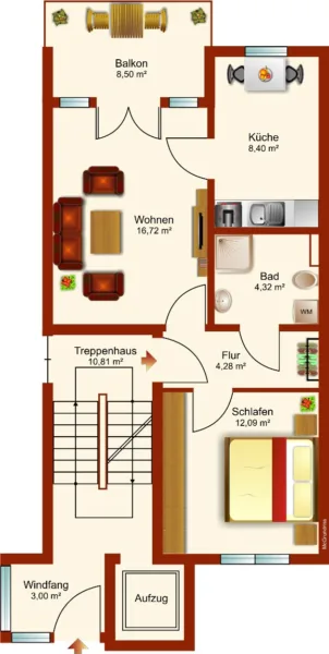 sanierte 2-Raumwohnung mit Balkon für Senioren - Grundriss_GS_24_2RW_EG_rechts (48722)