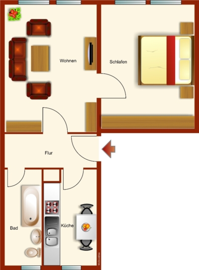 sanierte 2-Raumwohnung auf dem Lande - Grundriss 2RW.links_ohne Balkon (32867)