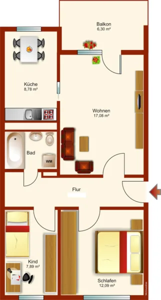 Ruhige Lage für Senioren: 3-Raum-Wohnung im 1. OG zu vermieten - Grundriss_ON_15_17_3RWE li (48693)